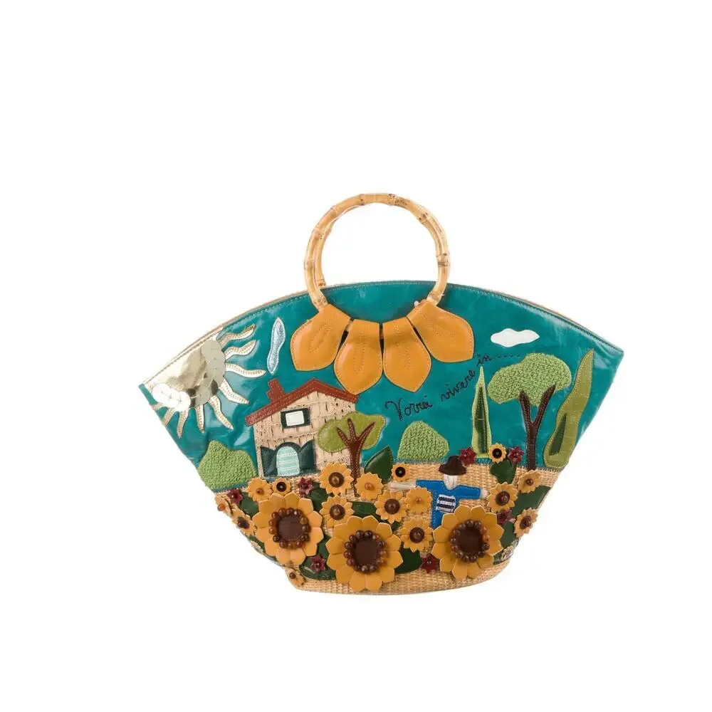 BRACCIALINI TUA Farm Scene Woven Leather Bag Shoulder Tote Art Purse Italy $1250